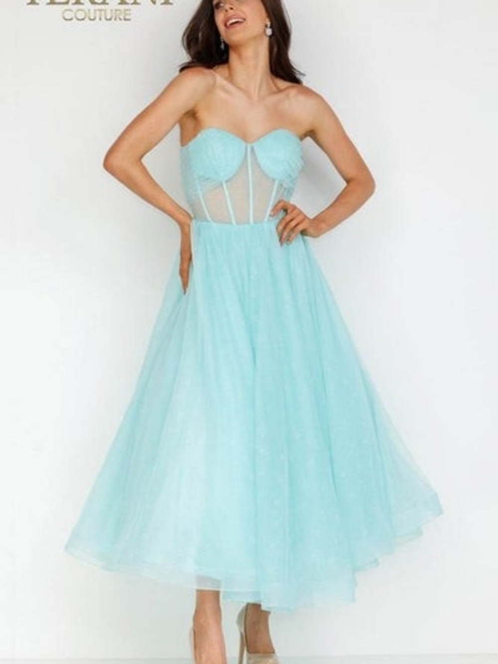 Terani Couture Strapless Mint Tulle Midi Dress 231P0534